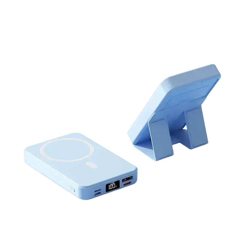 Light blue wireless charger power bank with built-in stand and digital display for quick charge convenience