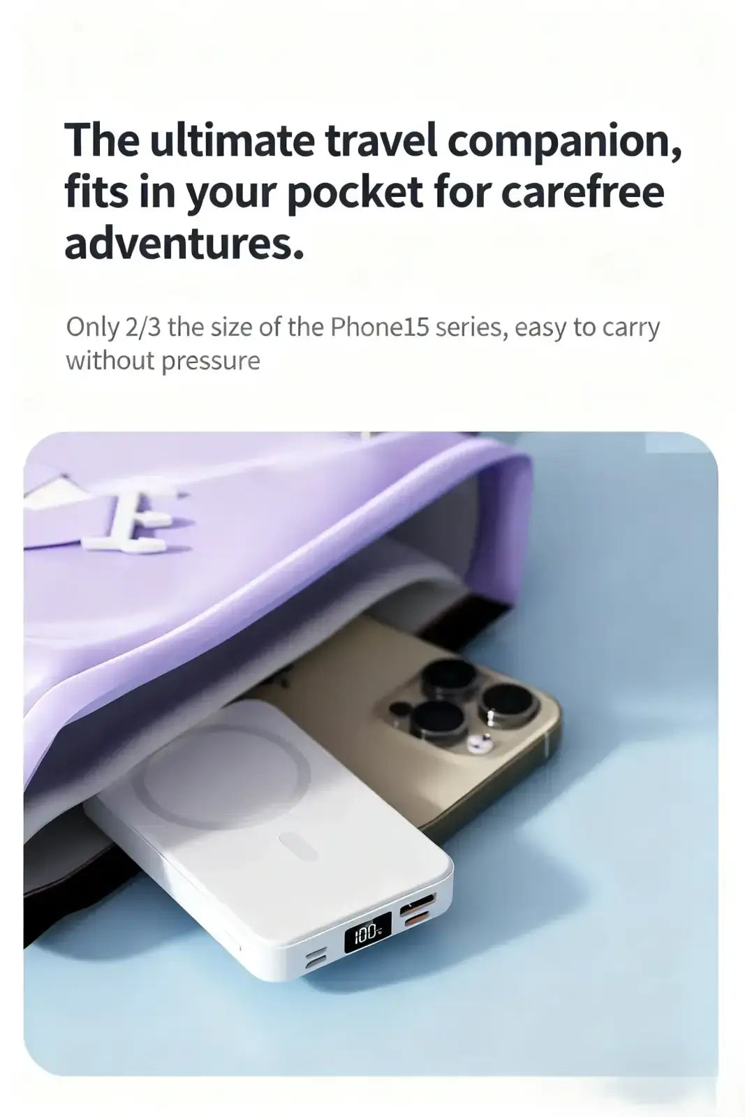 White rectangular wireless charger power bank with digital display and multiple ports beside smartphone in lavender pouch