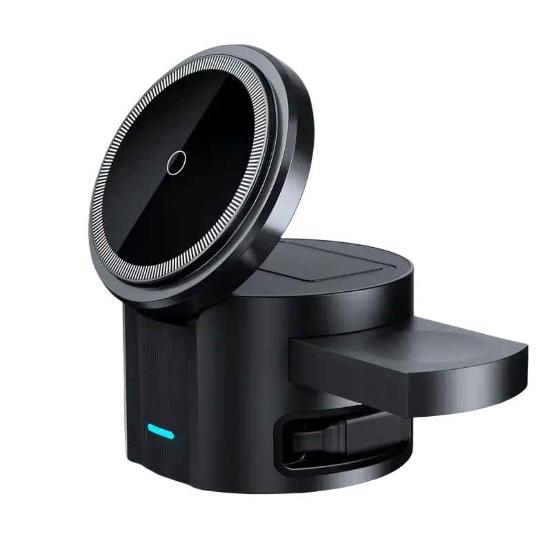 Black magnetic wireless charger with circular textured edge and retractable charging cable featuring foreign object detection