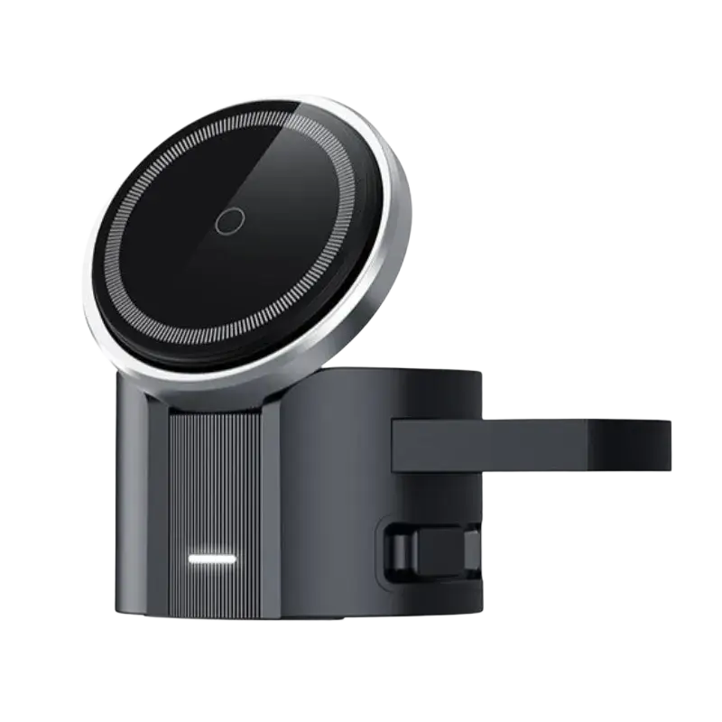 Black and silver wireless charger with retractable charging cable and foreign object detection features a sleek circular pad and textured base