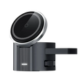 Black and silver wireless charger with retractable charging cable and foreign object detection features a sleek circular pad and textured base