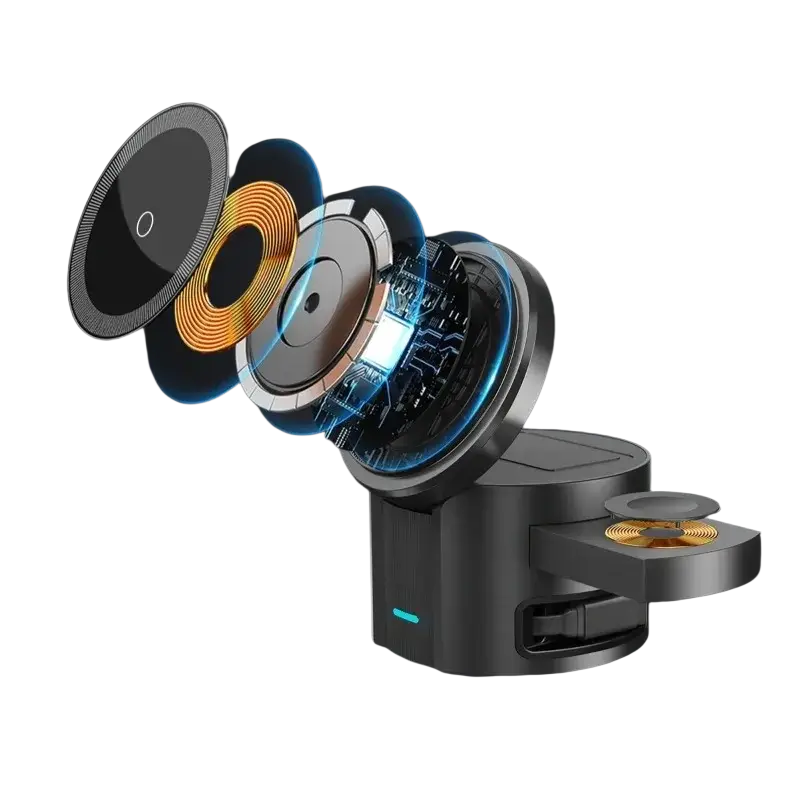 Black wireless charger with retractable charging cable and foreign object detection featuring glowing blue accents and copper coils