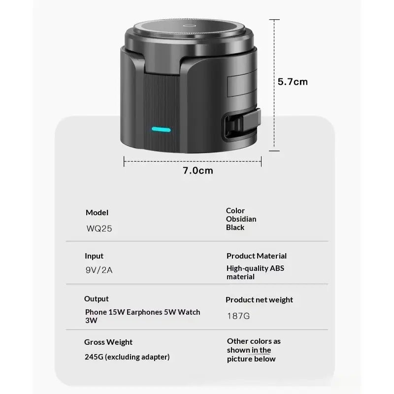 Obsidian black wq25 portable speaker with blue led indicator made of abs material for wireless charger with foreign object detection and charging cable use