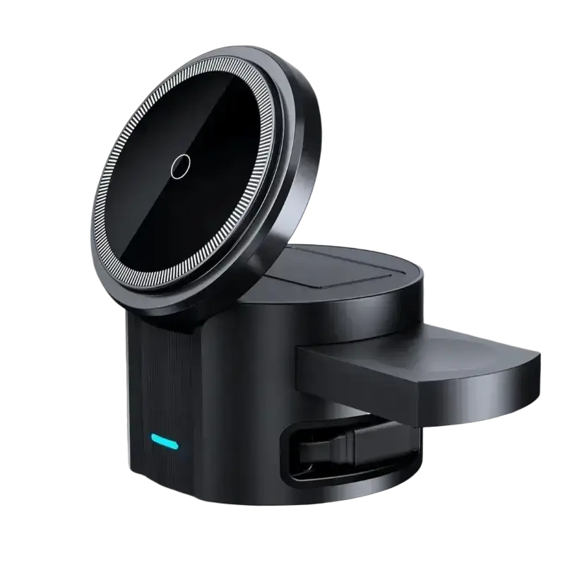 Black magnetic wireless charger with circular charging pad retractable charging cable and foreign object detection