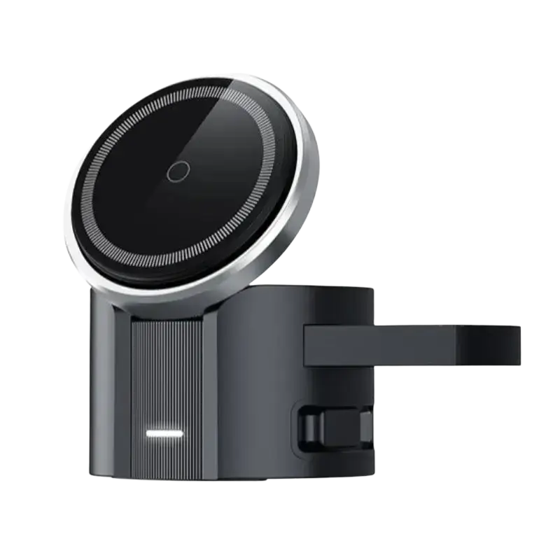 Black and silver wireless charger with retractable charging cable and foreign object detection features a sleek magnetic pad