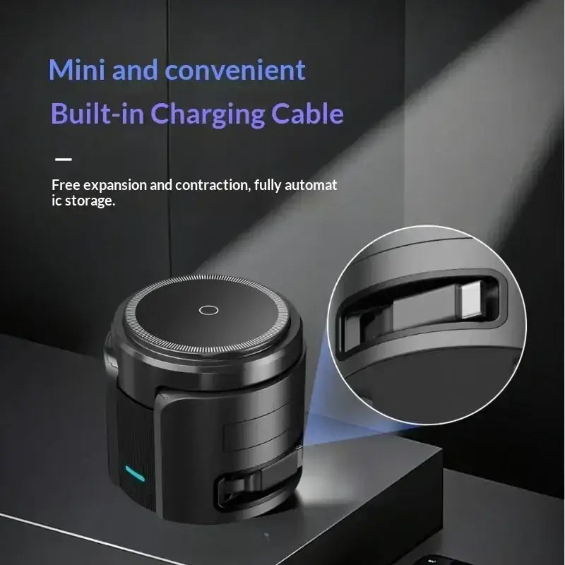 Black cylindrical wireless charger phone case with built-in retractable charging cable and foreign object detection features