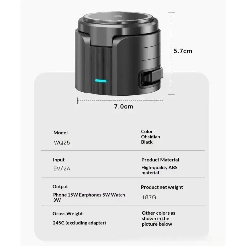 Black obsidian wq25 portable speaker in high-quality abs with blue led and wireless charger with retractable charging cable and foreign object detection