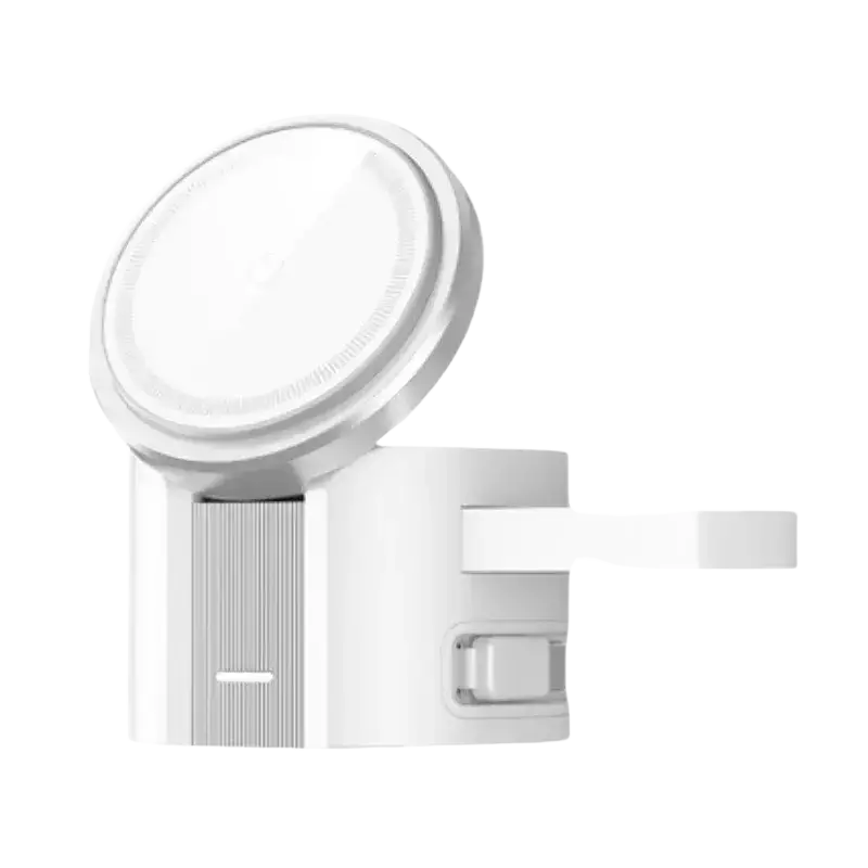 White magnetic wireless charger with retractable charging cable and foreign object detection features a smooth circular top