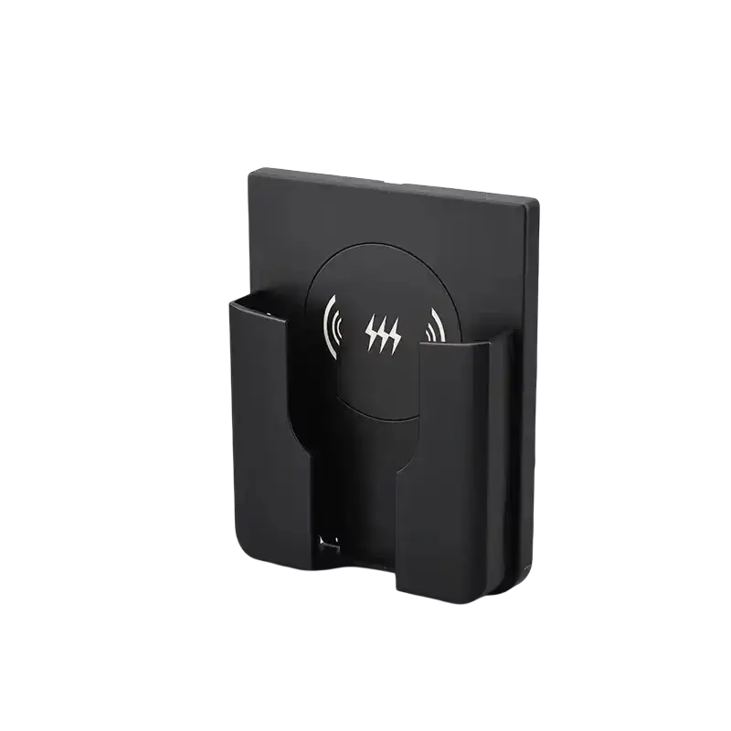 Black wireless charger in-wall 15w fast charging qi panel with sleek minimalist design and white lightning bolt emblem