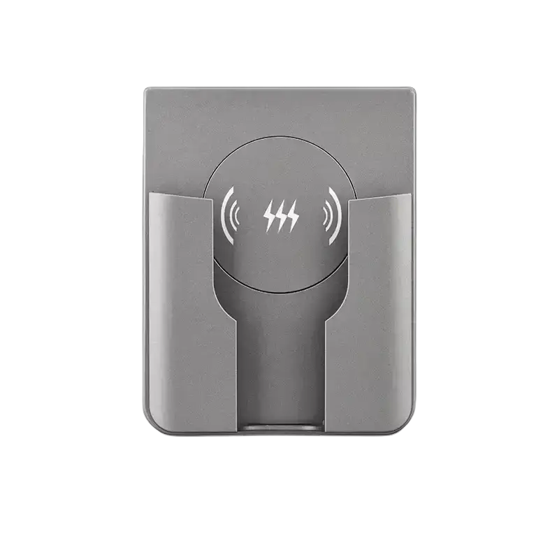 Gray rectangular wireless charger in-wall 15w fast charging qi panel with circular white lightning bolt and wave symbols