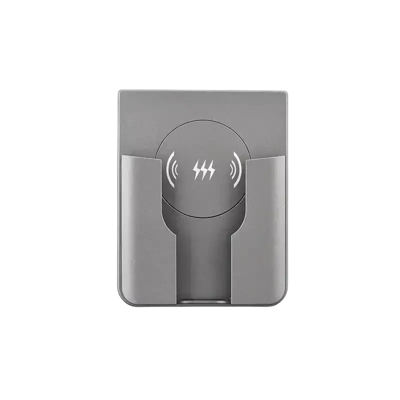 Gray wireless charger in-wall 15w fast charging qi panel with sleek minimalist design and integrated phone holder