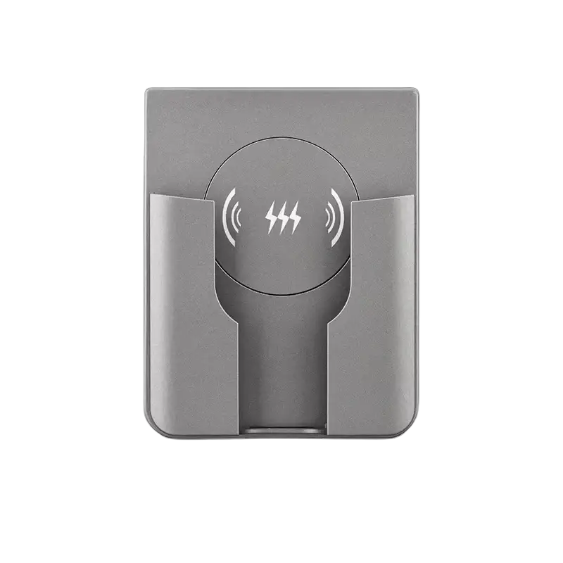 Grey wireless charger with minimalist design and integrated phone stand for fast charging qi-enabled smartphones