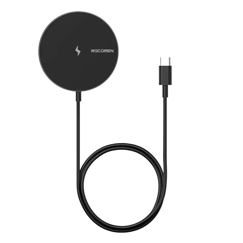 Black rocoren wireless charger with sleek circular design and usb-c cable for 15w fast charging wireless chargers