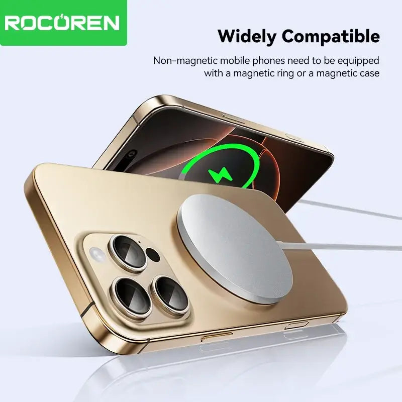 Gold-colored magnetic phone ring with sleek circular design and metallic finish for fast charging wireless chargers