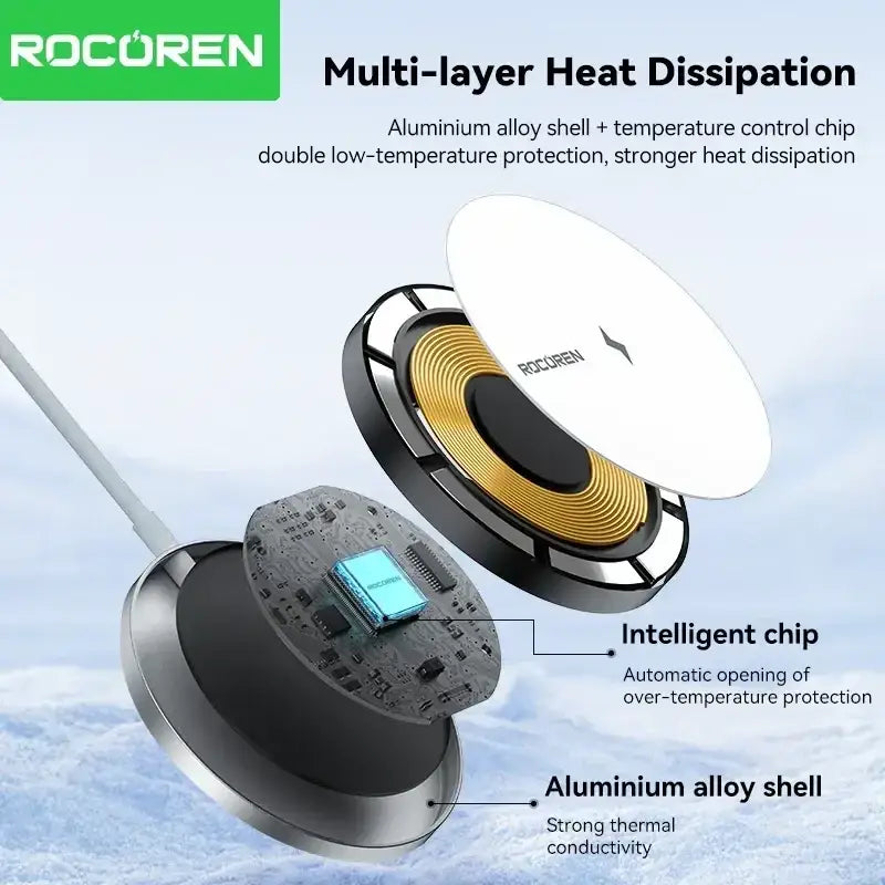 Rocuren wireless charger 15w fast charging magnetic pad with aluminum alloy shell and temperature control chip