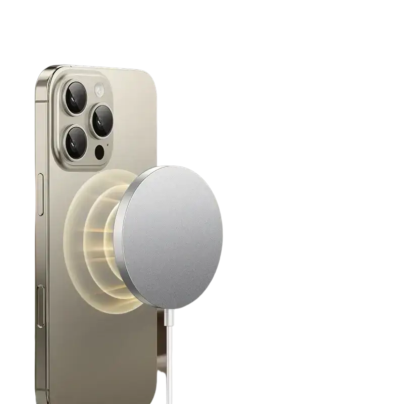 Silver circular magnetic wireless charger pad attached to a gold iphone for 15w fast charging wireless use