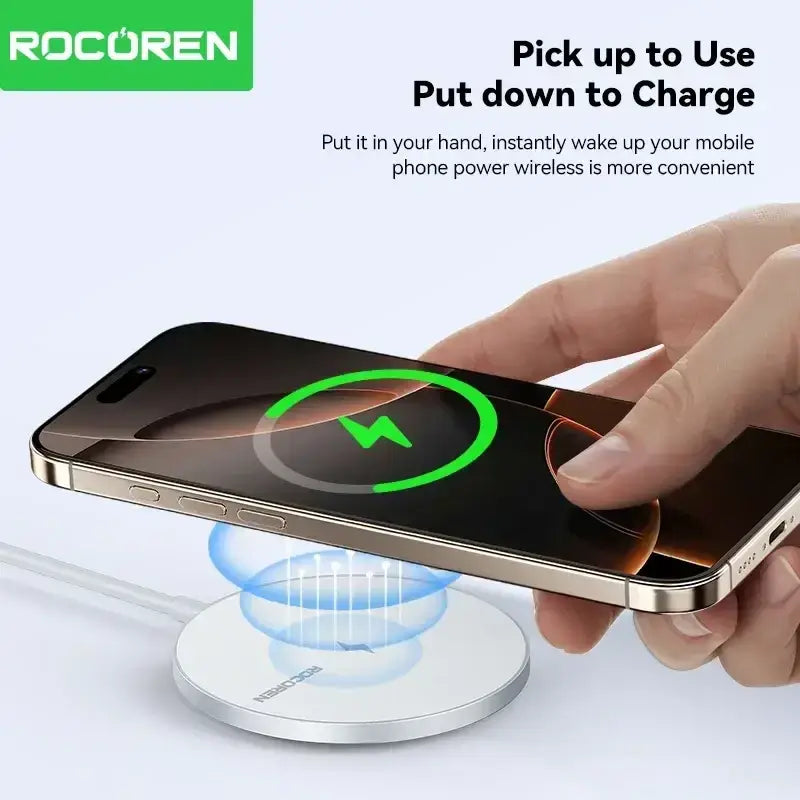 Silver rocoren wireless charger 15w fast charging magnetic pad with sleek circular design and minimalist finish