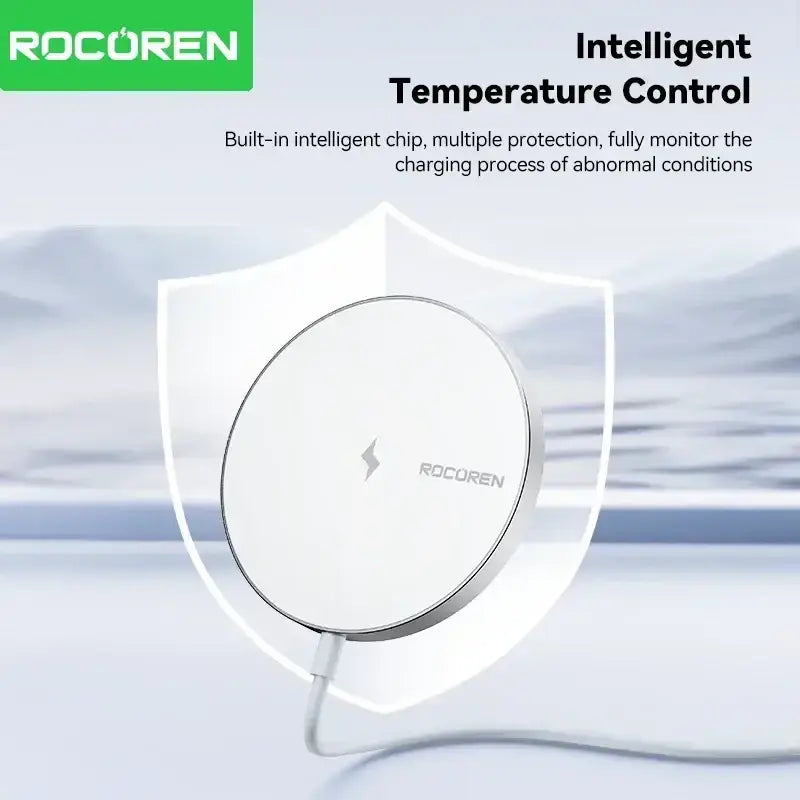 White circular rocoren wireless charger with silver metallic rim featuring 15w fast charging magnetic pad for iphone