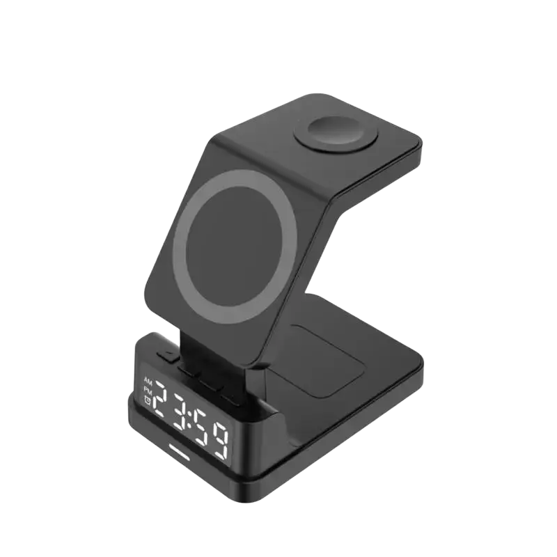 Black wireless chargers 4 in 1 stand with digital display showing time and output power for multiple devices