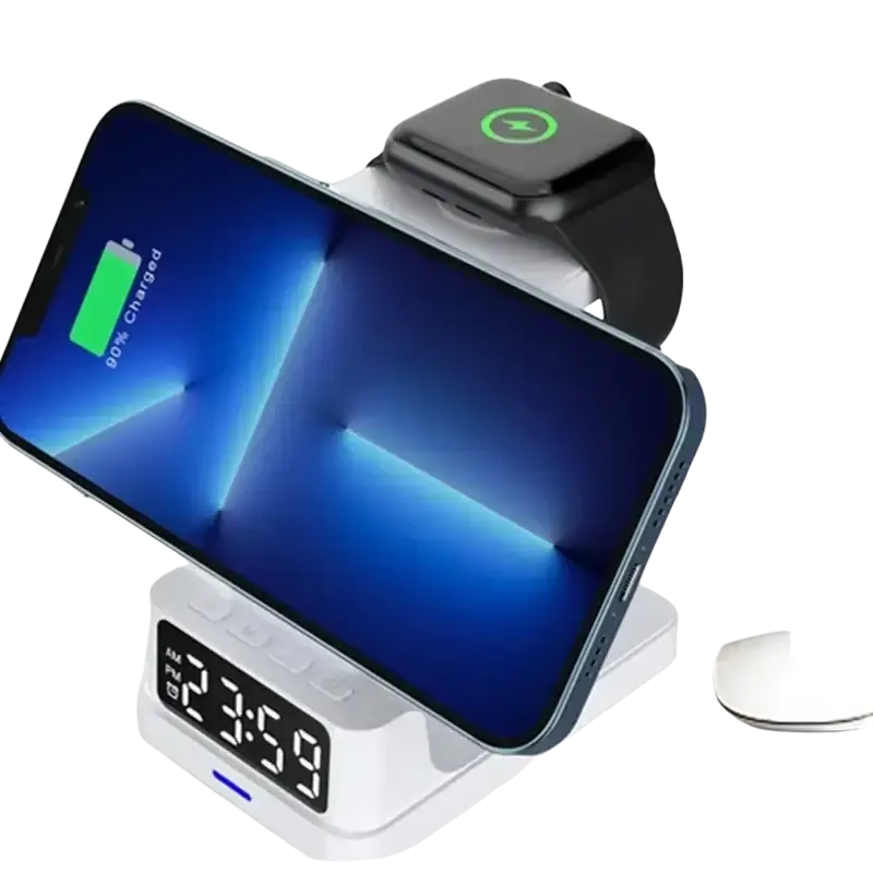 White wireless chargers 4 in 1 stand with digital clock display and dual-device slots for multiple devices output power