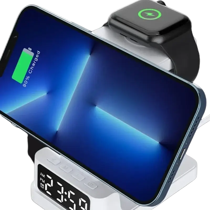 White wireless chargers 4 in 1 multiple devices stand with digital clock display holding smartphone and apple watch
