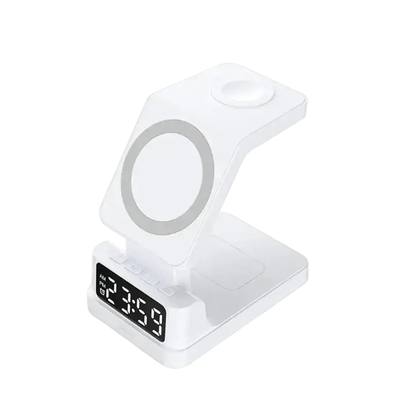White wireless chargers 4 in 1 stand with digital clock display for multiple devices and high output power