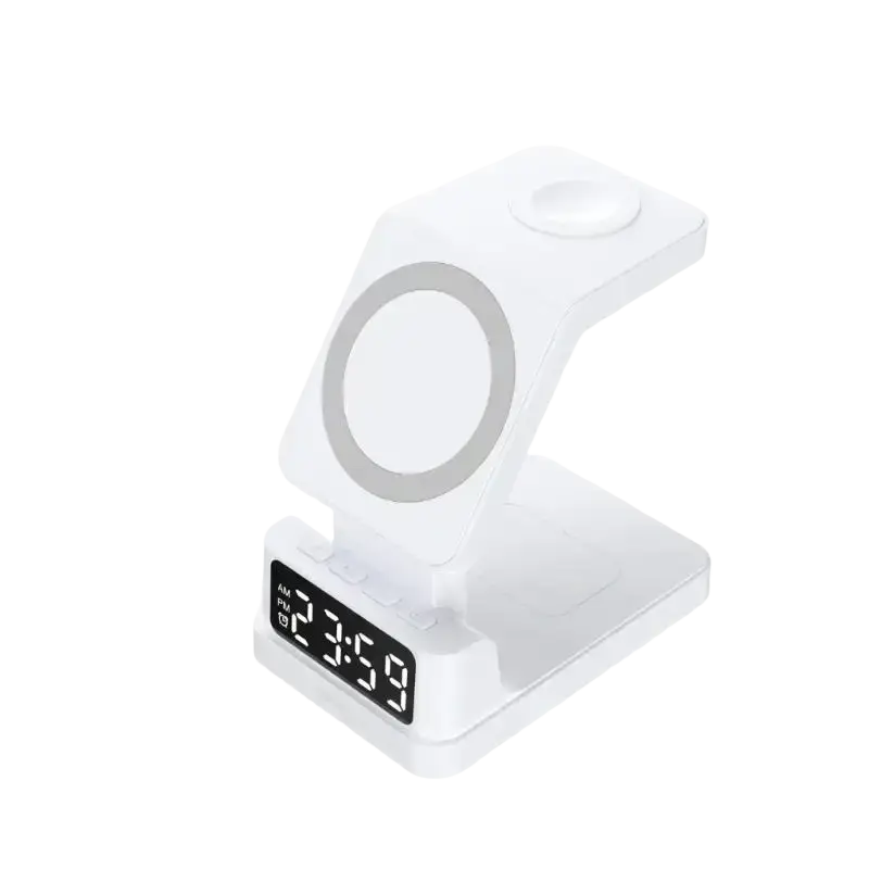 White wireless chargers 4 in 1 stand with digital clock display for multiple devices with high output power