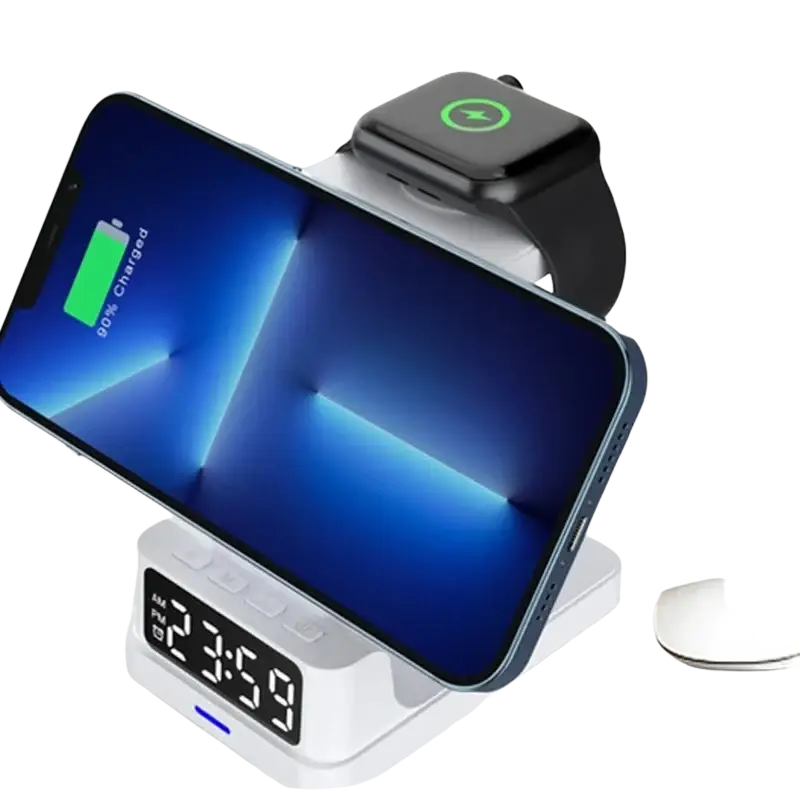 White wireless chargers 4 in 1 stand with digital clock display supporting multiple devices with high output power