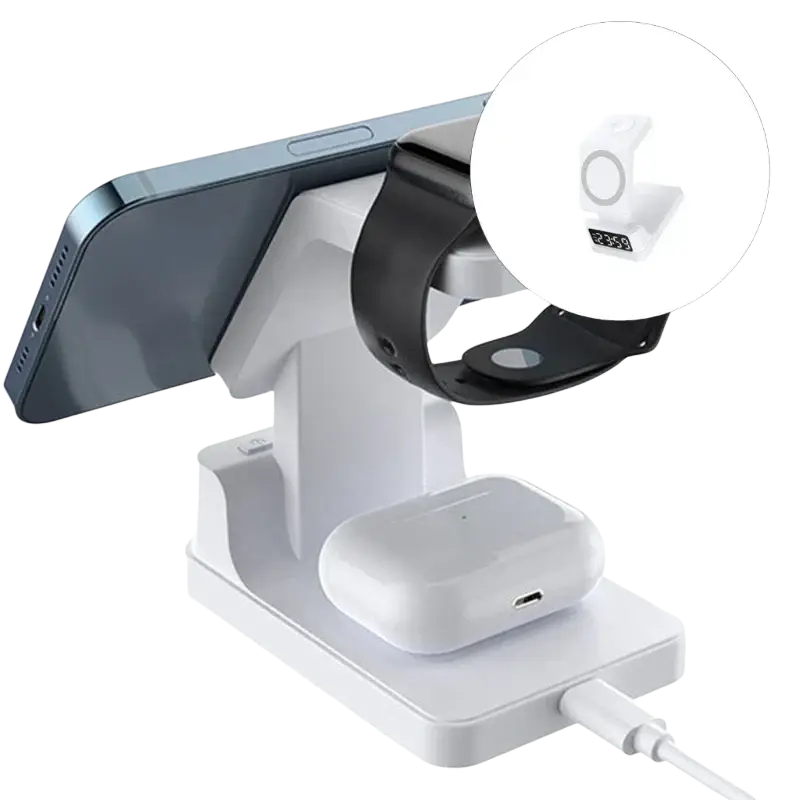 White wireless chargers 4 in 1 stand with output power for charging smartphone smartwatch and airpods case multiple devices