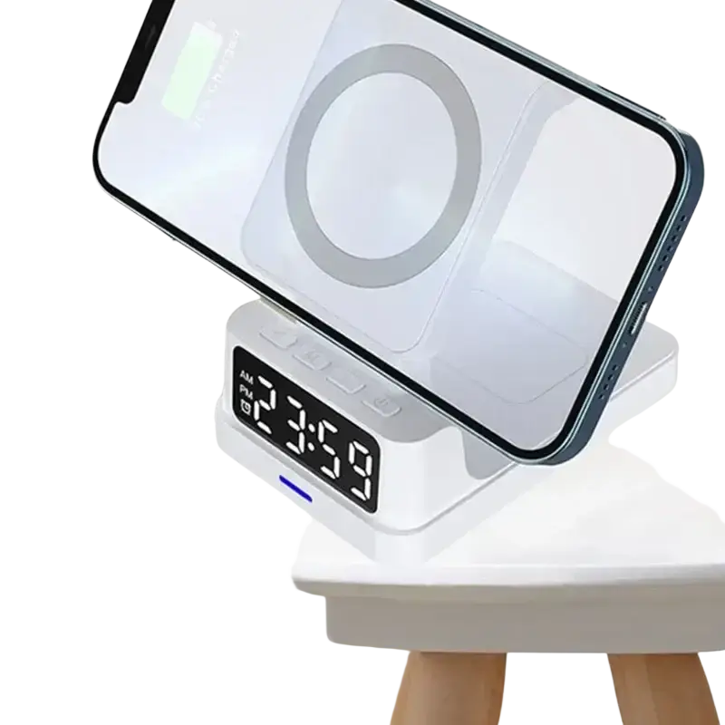 White wireless charger with digital clock display and sleek minimalist design for multiple devices output power management
