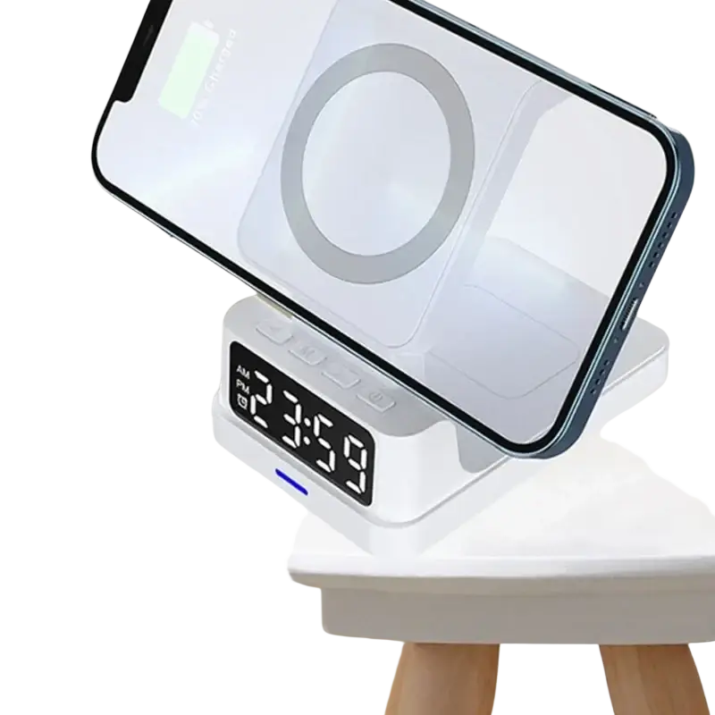 White wireless charger with digital clock display and sleek design for multiple devices with high output power
