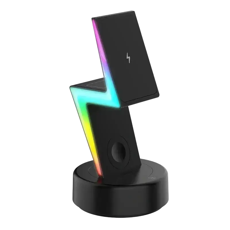 Black lightning-shaped wireless charging 3 in 1 rgb stand magnetic with rgb led lighting and high wireless charging output