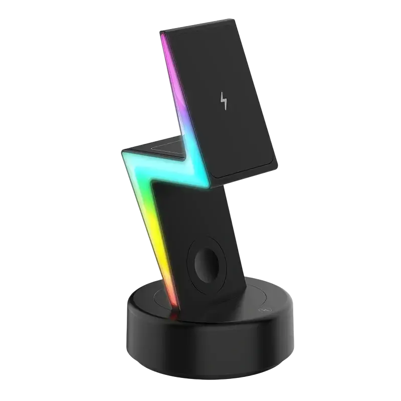 Black lightning-shaped wireless charging 3 in 1 rgb stand with magnetic feature and adjustable wireless charging output power