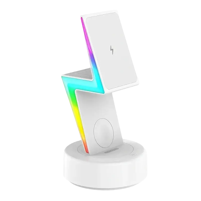 White wireless charging 3 in 1 rgb stand magnetic with lightning bolt design and rainbow led lighting for wireless charging output