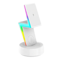White wireless charging 3 in 1 rgb stand magnetic with lightning bolt design and rainbow led lighting for wireless charging output
