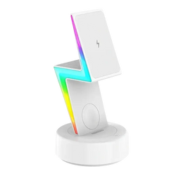 White wireless charging 3 in 1 rgb stand magnetic with lightning bolt design and rainbow led lighting for wireless charging output