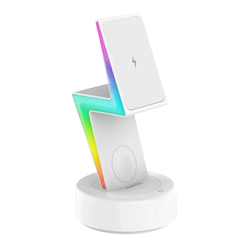 White wireless charging 3 in 1 rgb stand with lightning bolt design and rainbow led lighting for wireless charging output power