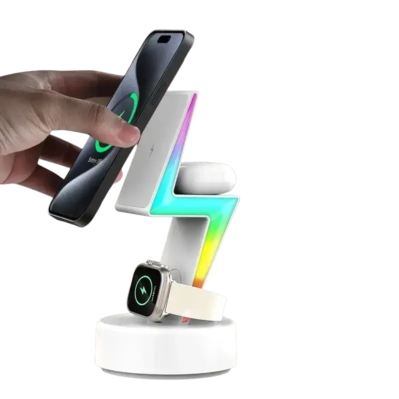 White lightning-shaped wireless charging 3 in 1 rgb stand with magnetic design and adjustable wireless charging output