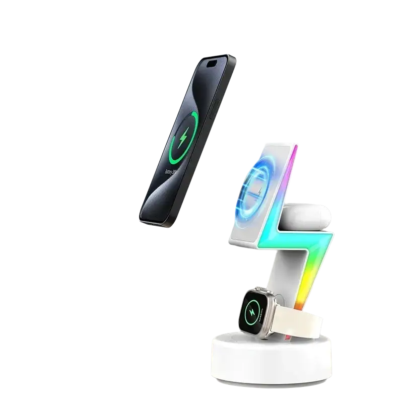 White lightning-shaped wireless charging 3 in 1 rgb stand with magnetic output power for phones watches and headphones