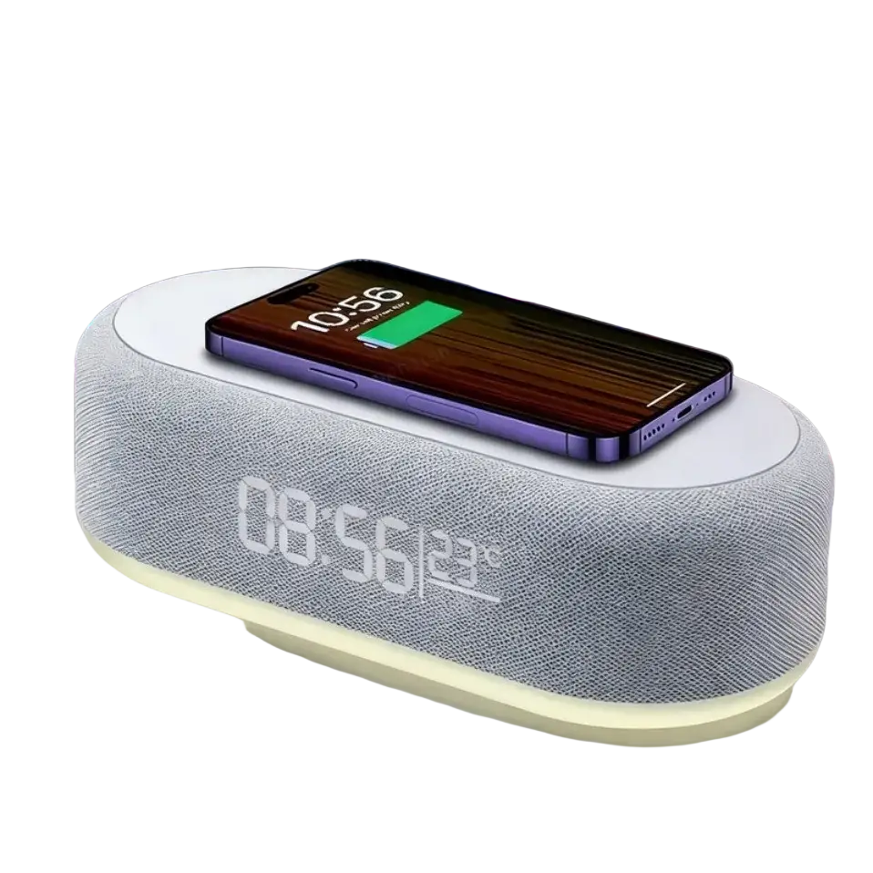 Gray textured wireless charging alarm clock with night light featuring wireless charging function and illuminated display