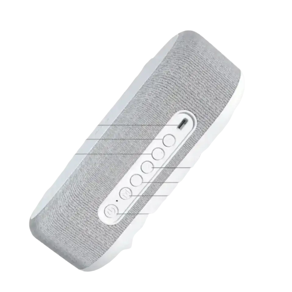 Wireless charging alarm clock with gray textured fabric speaker and white plastic trim featuring control buttons