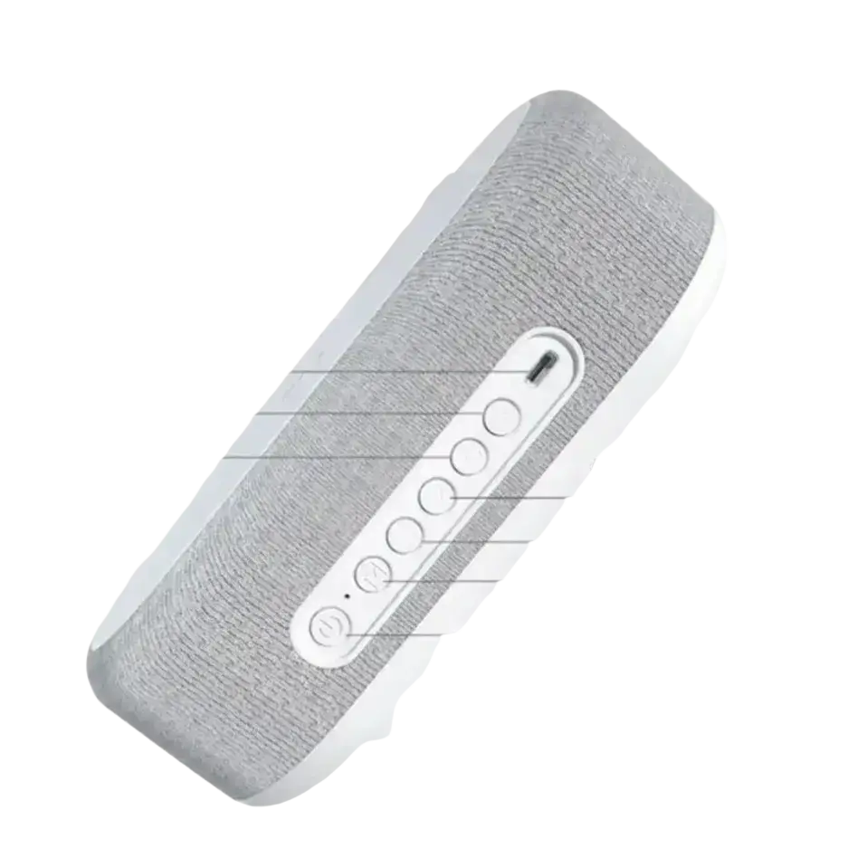 Gray textured fabric wireless charging alarm clock with white plastic trim and control buttons for power saving use
