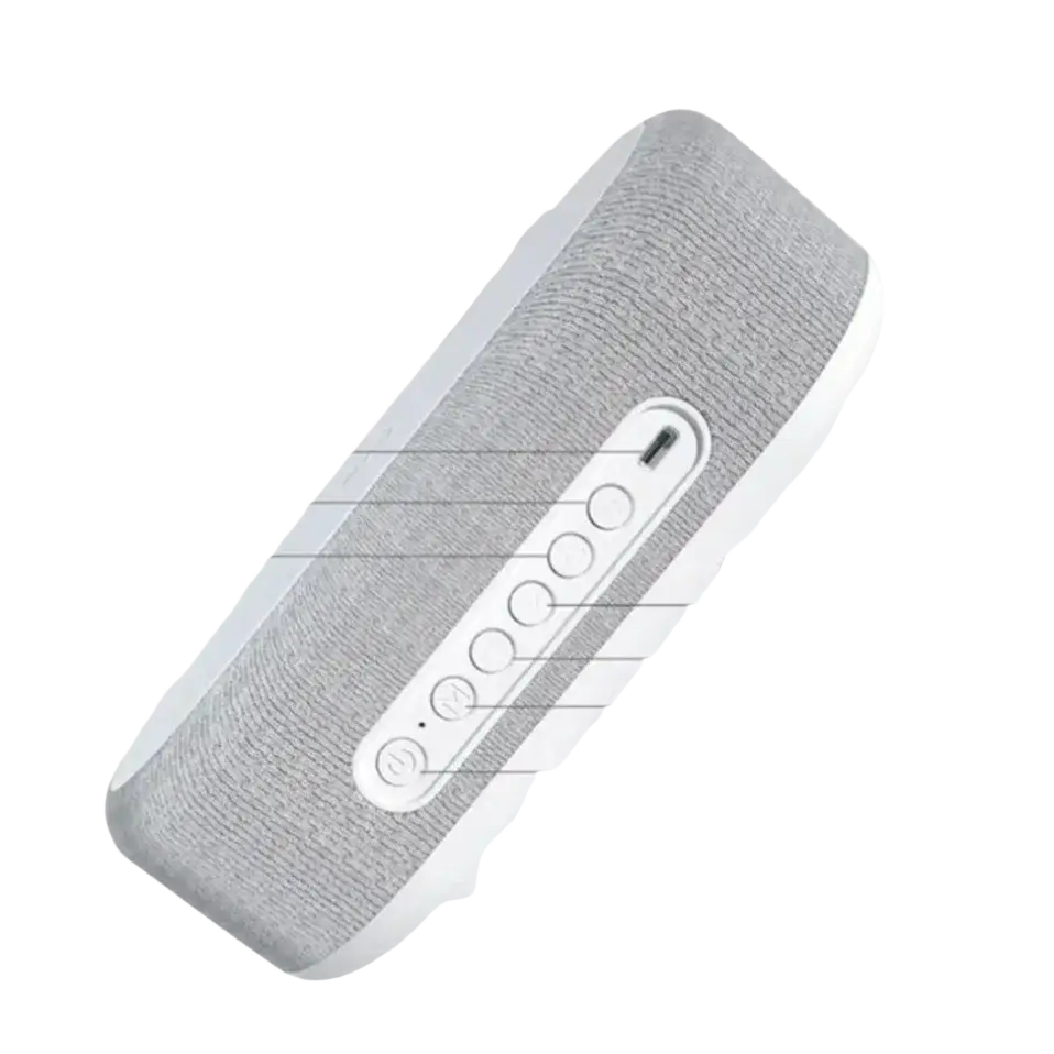 Gray textured fabric wireless charging alarm clock with white control panel and labeled buttons featuring power saving mode