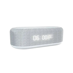 Gray textured fabric wireless charging alarm clock with white digital display showing time and date power saving design