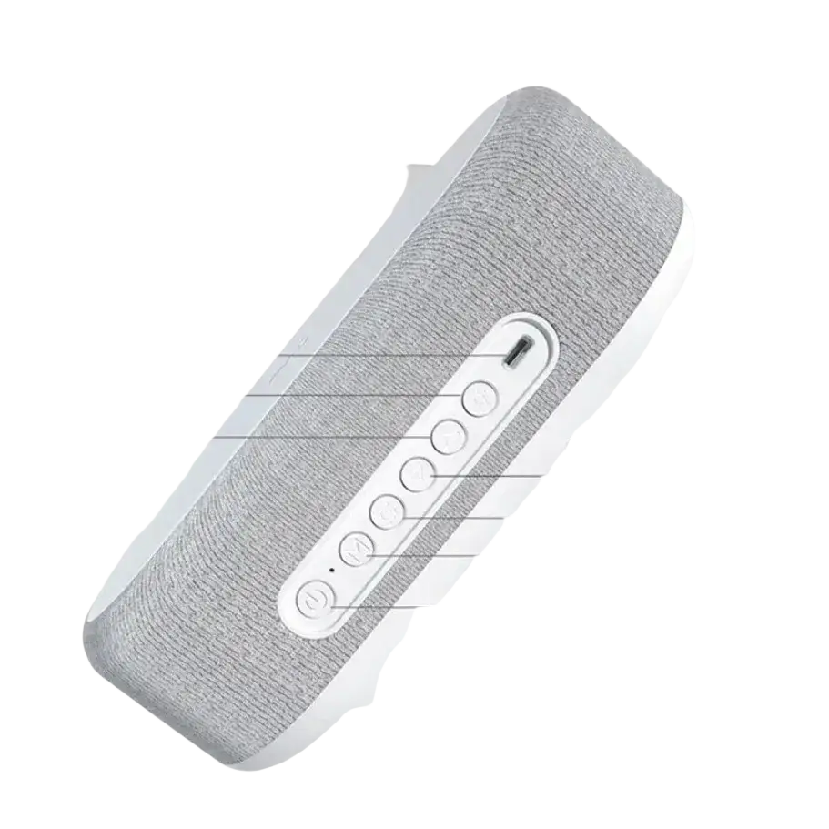 Gray textured fabric speaker with white control panel and labeled buttons featuring wireless charging function and power saving mode