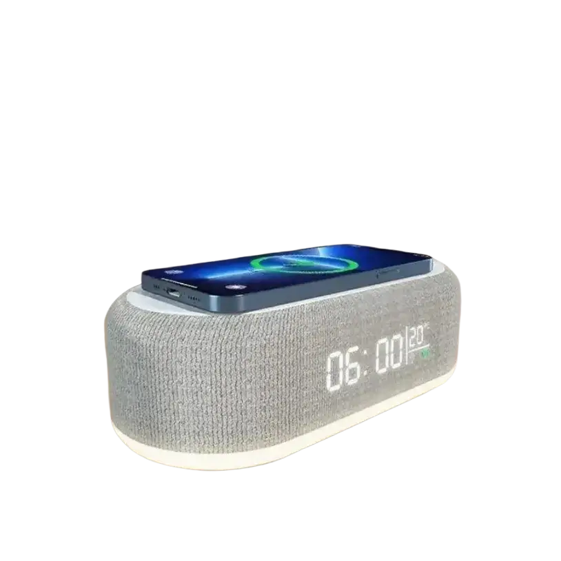 Gray textured wireless charging alarm clock with digital display and power saving mode featuring wireless charging function