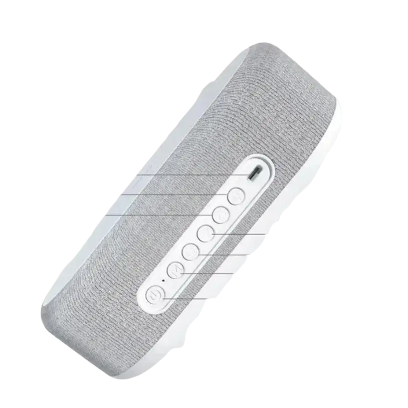 Gray textured fabric wireless charging alarm clock speaker with white control panel and power saving mode buttons