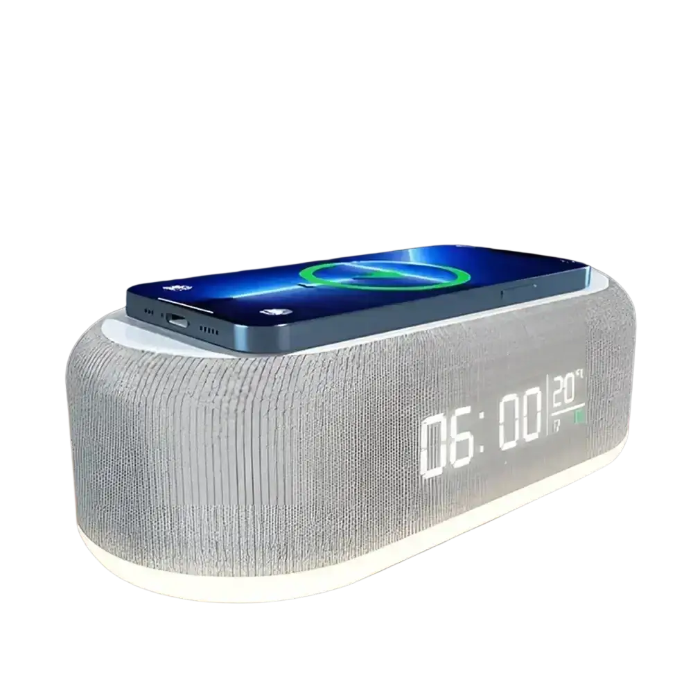 Gray textured wireless charging alarm clock with digital display showing time and built-in wireless charging function