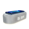 Gray textured wireless charging alarm clock with digital display and power saving mode wireless charging function