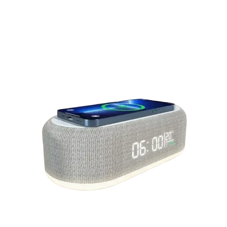 Gray textured wireless charging alarm clock with digital display and wireless charging function in power saving mode